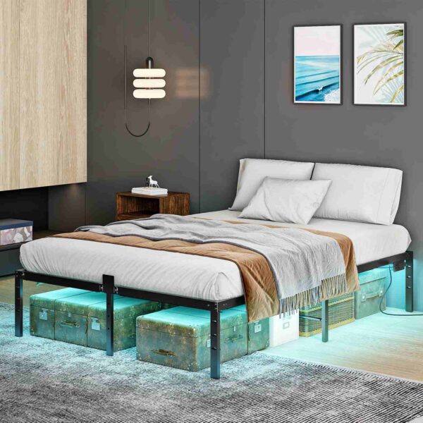Cadre de lit complet avec des lumières LED, Cadre de lit plateforme en métal avec station de recharge, 2 Points de vente et 2 Ports USB, Cadre de lit pleine grandeur robuste, Grand espace de rangement sous le lit, Noir