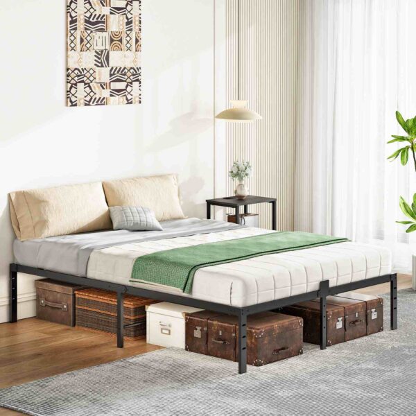 Cadre de lit complet avec des lumières LED, Cadre de lit plateforme en métal avec station de recharge, 2 Points de vente et 2 Ports USB, Cadre de lit pleine grandeur robuste, Grand espace de rangement sous le lit, Noir