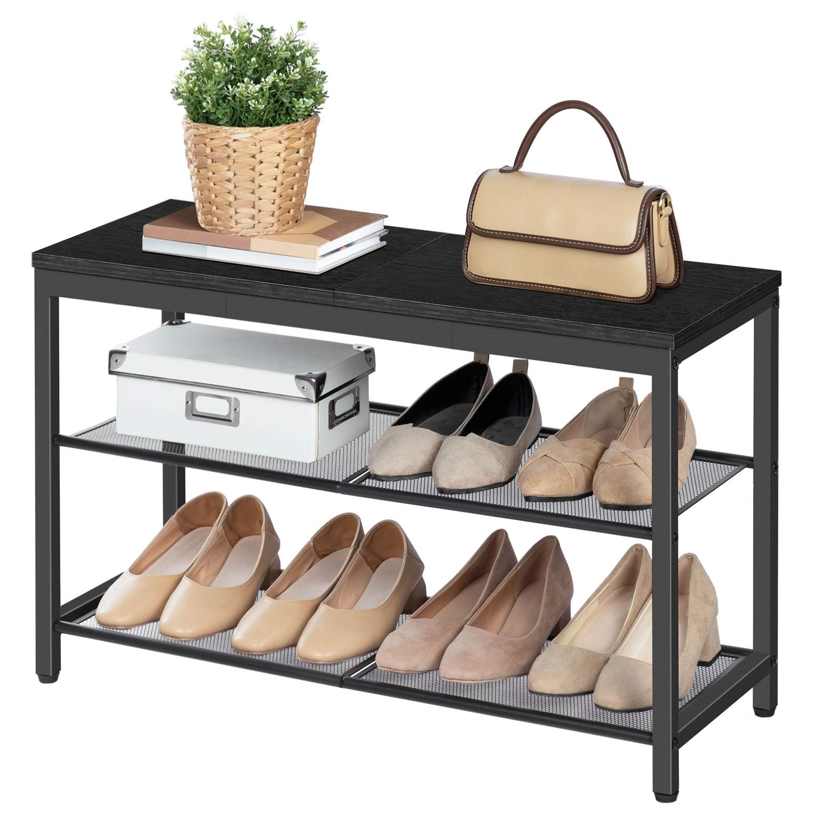 3-مقعد تخزين الأحذية الطبقة, Industrial Shoe Organizer with Mesh Shelves, 74.93cm Entry Bench, تجميع سهل, أسود, للدخول, غرفة الجلوس, المدخل