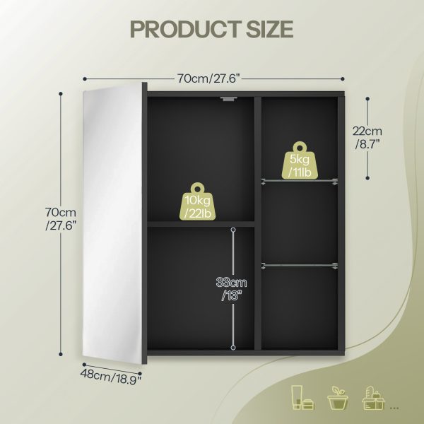 Wall-Mounted Bathroom Cabinet with Mirror and Shelves, Modern Style Black Storage Cabinet