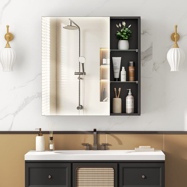 Wall-Mounted Bathroom Cabinet with Mirror and Shelves, Modern Style Black Storage Cabinet