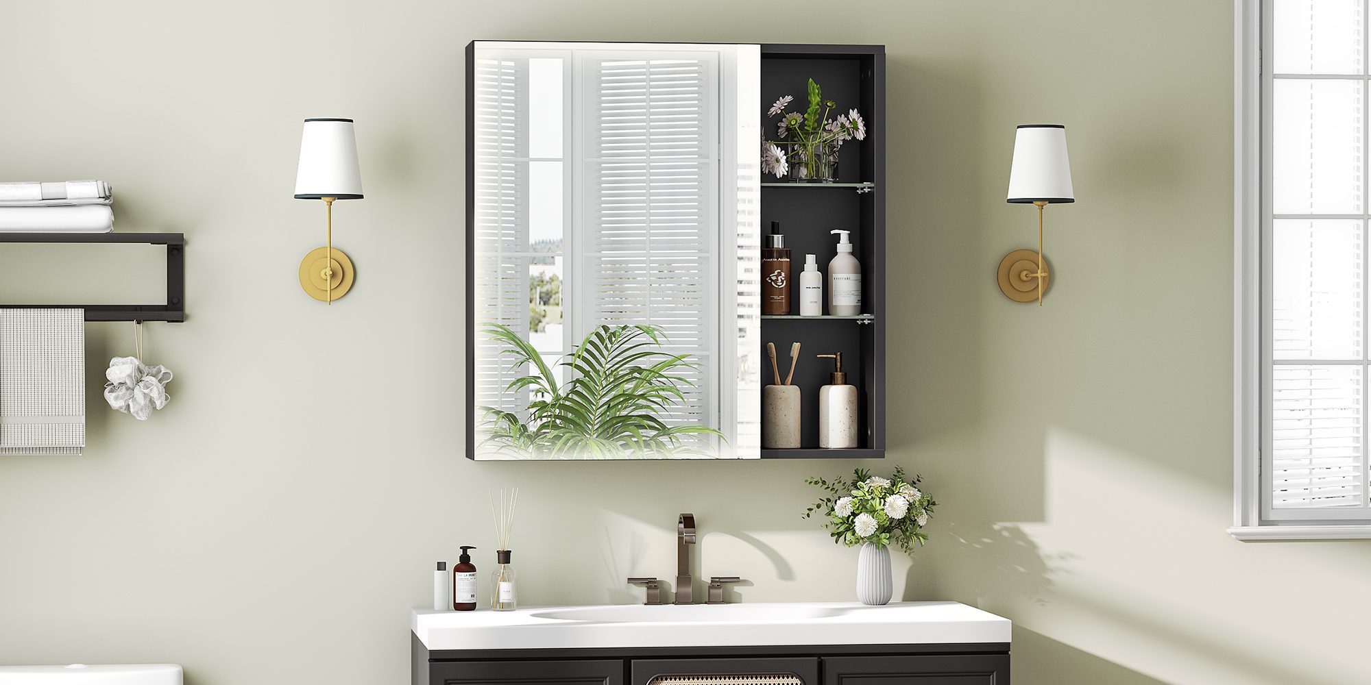 Wall-Mounted Bathroom Cabinet with Mirror and Shelves, Modern Style Black Storage Cabinet