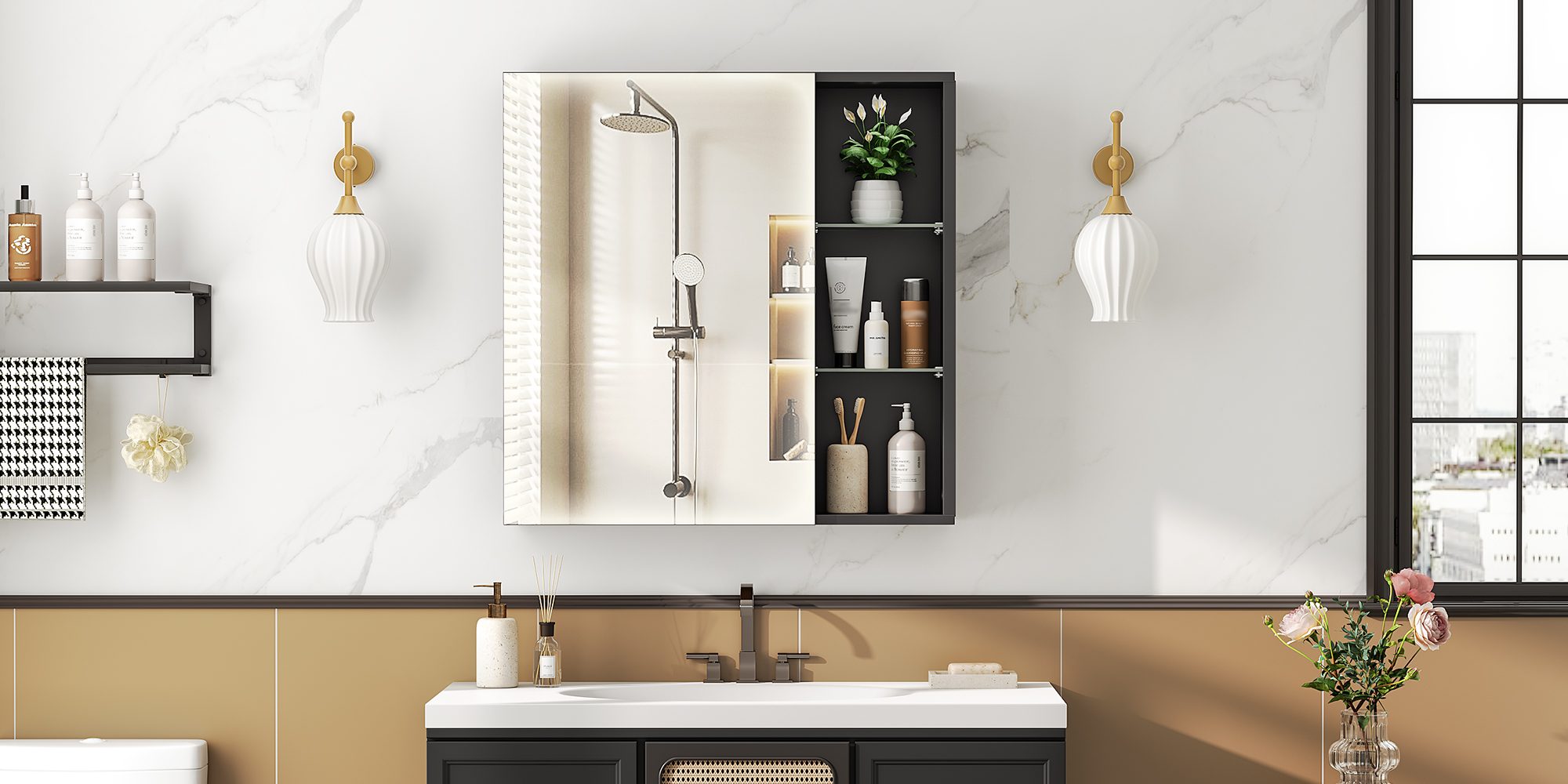 Wall-Mounted Bathroom Cabinet with Mirror and Shelves, Modern Style Black Storage Cabinet