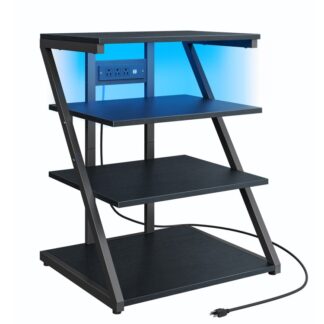 4-Tier AV Media Stand con estación de carga, Gabinete estéreo, Torre de audio en rack con luces LED, Mueble esquinero para TV con salidas ajustables para tocadiscos, Negro