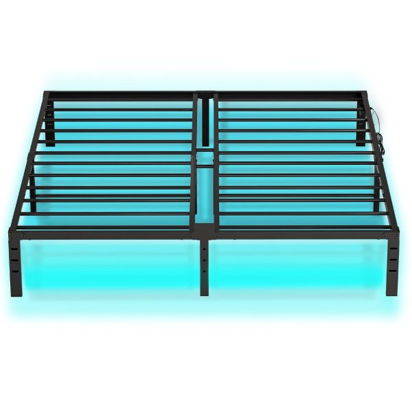 King Bed Frame with LED Lights, Metal Platform Bed Frame with Charging Station, 2 Outlets and 2 USB Ports, Heavy Duty King Size Bed Frame, Ample Under Bed Storage Space, Black