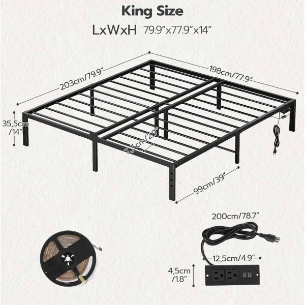 King Bed Frame with LED Lights, Metal Platform Bed Frame with Charging Station, 2 Outlets and 2 USB Ports, Heavy Duty King Size Bed Frame, Ample Under Bed Storage Space, Black