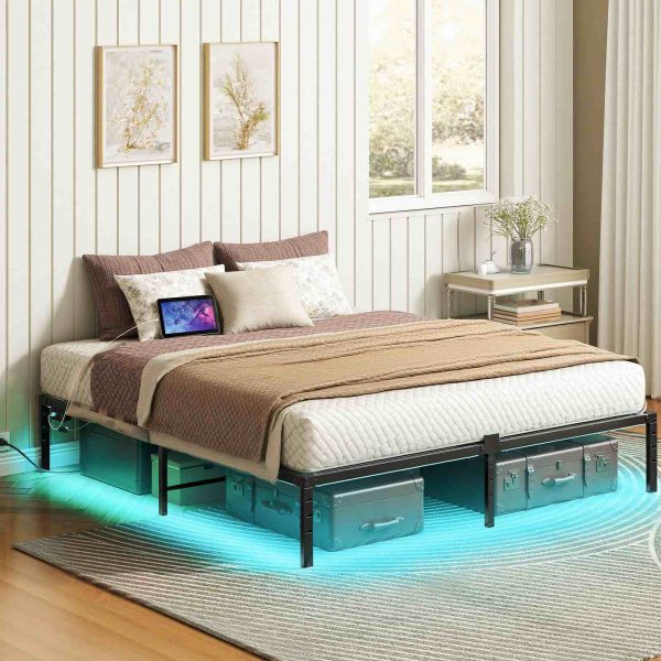 King Bed Frame with LED Lights, Metal Platform Bed Frame with Charging Station, 2 Outlets and 2 USB Ports, Heavy Duty King Size Bed Frame, Ample Under Bed Storage Space, Black