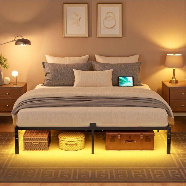 King Bed Frame with LED Lights, Metal Platform Bed Frame with Charging Station, 2 Outlets and 2 USB Ports, Heavy Duty King Size Bed Frame, Ample Under Bed Storage Space, Black