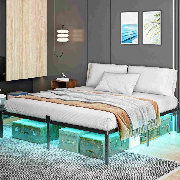 King Bed Frame with LED Lights, Metal Platform Bed Frame with Charging Station, 2 Outlets and 2 USB Ports, Heavy Duty King Size Bed Frame, Ample Under Bed Storage Space, Black