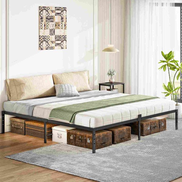 King Bed Frame with LED Lights, Metal Platform Bed Frame with Charging Station, 2 Outlets and 2 USB Ports, Heavy Duty King Size Bed Frame, Ample Under Bed Storage Space, Black