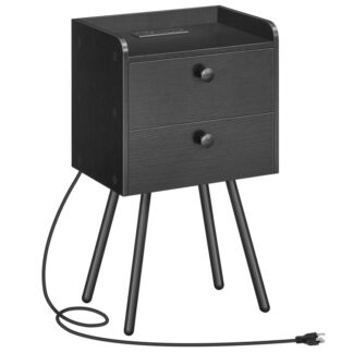 منضدة سوداء مع محطة الشحن, طاولة جانبية حديثة مع 2 أدراج, طاولة جانبية أريكة أنيقة, موانئ شحن متعددة, أرجل معدنية, أريكة بجانب السرير, لغرفة النوم