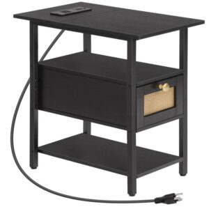 end table, side table with charging station, nightstand with drawer, rattan-style bedside table, slim coffee table for small spaces, living room, bedroom, black