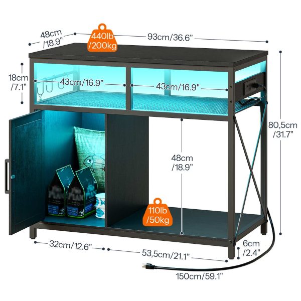 90 -115L Fish Tank Stand with Power Outlet and LED Light, Metal Frame Aquarium Stand with Cabinet Storage, Suitable for Reptile and Turtle Tanks, 199.58kg Load Capacity, Black