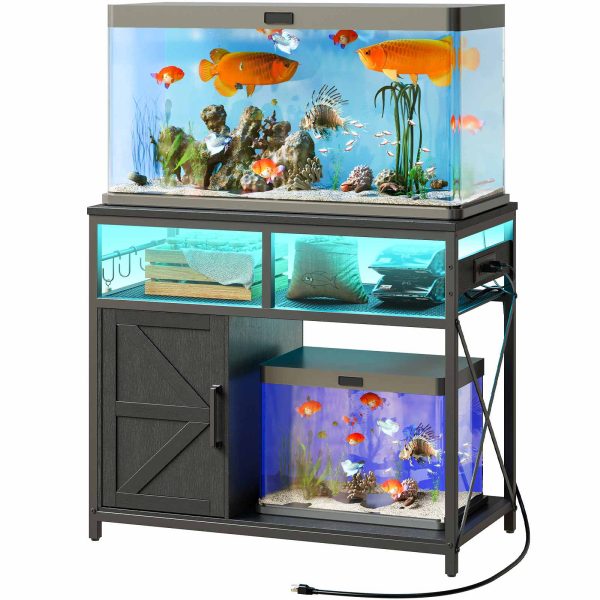 90 -115L Fish Tank Stand with Power Outlet and LED Light, Metal Frame Aquarium Stand with Cabinet Storage, Suitable for Reptile and Turtle Tanks, 199.58kg Load Capacity, Black