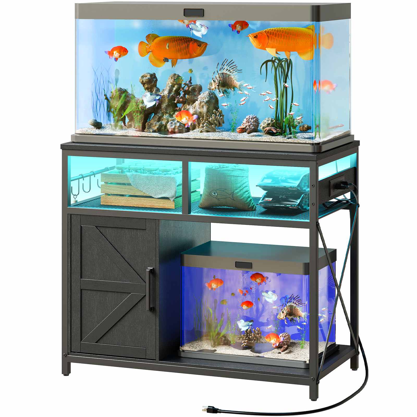 90 -115L Fish Tank Stand with Power Outlet and LED Light, Metal Frame Aquarium Stand with Cabinet Storage, Suitable for Reptile and Turtle Tanks, 199.58kg Load Capacity, Black