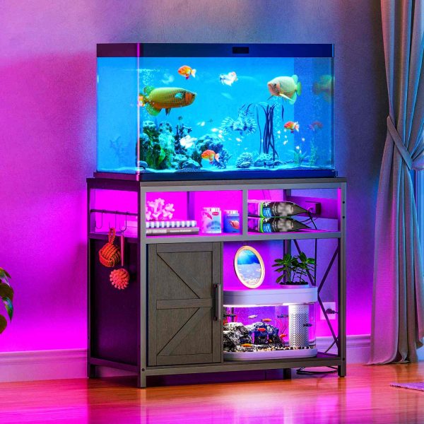 90 -115L Fish Tank Stand with Power Outlet and LED Light, Metal Frame Aquarium Stand with Cabinet Storage, Suitable for Reptile and Turtle Tanks, 199.58kg Load Capacity, Black