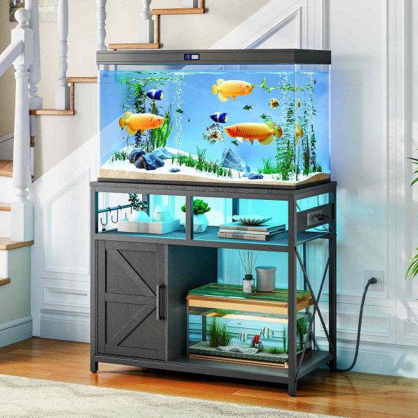 90 -115L Fish Tank Stand with Power Outlet and LED Light, Metal Frame Aquarium Stand with Cabinet Storage, Suitable for Reptile and Turtle Tanks, 199.58kg Load Capacity, Black