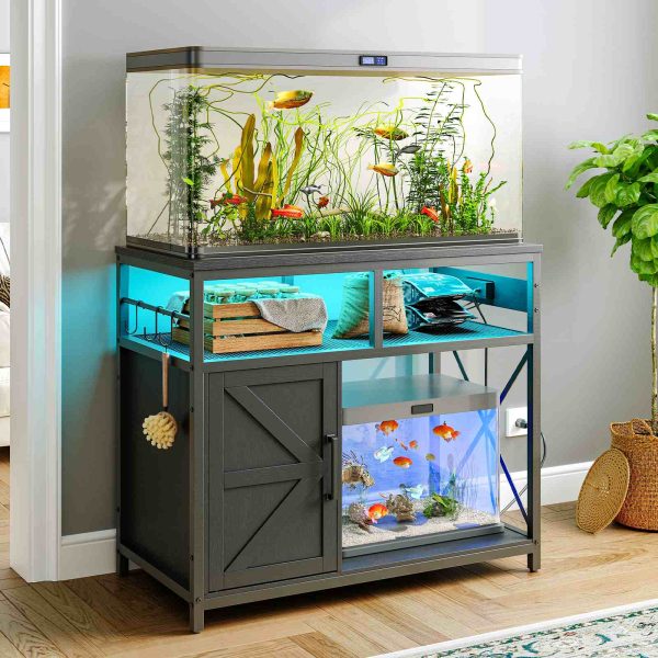 90 -115L Fish Tank Stand with Power Outlet and LED Light, Metal Frame Aquarium Stand with Cabinet Storage, Suitable for Reptile and Turtle Tanks, 199.58kg Load Capacity, Black