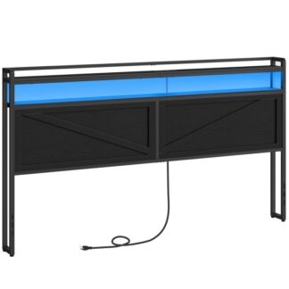 King -kokoinen pääty, Pääty asemilla ja LED -valolainalla, 2-Tier Storage pääty ja pistorasiat ja USB -portit, Teollinen tyyli, Korkeus säädettävä, King -size -vuoteille,