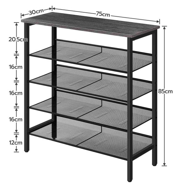 5-Sapateira ajustável em camadas, Plano & Unidade de armazenamento de prateleira de malha inclinada, Acomoda 16 Pares, Estrutura Estável Durável, Estilo Industrial, CHINHA CHINE, para entrada, Corredor, Armário, Dormitório