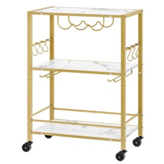 Barwagen Gold, 3-Etagen-Servierwagen, Küchenwagen mit Weinregal und Getränkehaltern, Getränkewagen, Mobiler Mikrowellenwagen mit 6 Haken, für Küche, Wohnzimmer, Weiß und Gold