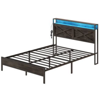 Bettrahmen in voller Größe, Bettgestell mit Ladestation und LED-Leuchten, Kopfteil mit 2-stufigen Regalen, Hochleistungsbett, Einfache Montage, Geräuschfrei, Keine Boxspringbetten erforderlich, Holzkohleschwarz und Schwarz