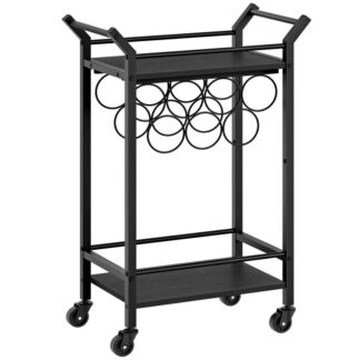 Barwagen, Servierwagen für die Hausbar, Küchenwagen, Kleiner Barwagen schwarz mit Weinregal, Getränkewagen, Cocktail-Barwagen für die Heimparty, Wohnzimmer, Küche, Rustikalbraun und schwarz