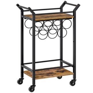 Barwagen, Servierwagen für die Hausbar, Küchenwagen, Kleiner Barwagen schwarz mit Weinregal, Getränkewagen, Cocktail-Barwagen für die Heimparty, Wohnzimmer, Küche, Rustikalbraun und schwarz