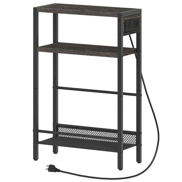 HOOBRO Small Narrow Side Table with Charging Station, Skinny End Table for Small Spaces, Slim Nightstand with USB Ports Outlet, Sofa Beside Table with Storage Shelf,Black and Charcoal Black BC102UBZ01