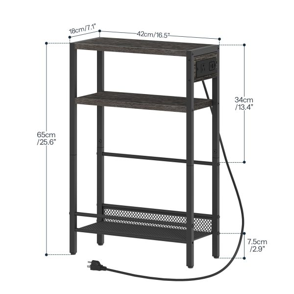 HOOBRO Small Narrow Side Table with Charging Station, Skinny End Table for Small Spaces, Slim Nightstand with USB Ports Outlet, Sofa Beside Table with Storage Shelf,Black and Charcoal Black BC102UBZ01