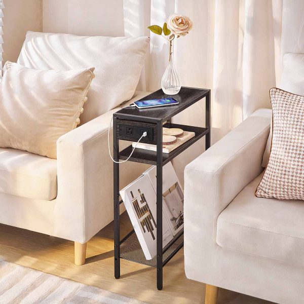 HOOBRO Small Narrow Side Table with Charging Station, Skinny End Table for Small Spaces, Slim Nightstand with USB Ports Outlet, Sofa Beside Table with Storage Shelf,Black and Charcoal Black BC102UBZ01