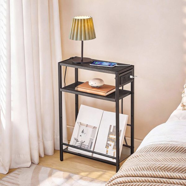 HOOBRO Small Narrow Side Table with Charging Station, Skinny End Table for Small Spaces, Slim Nightstand with USB Ports Outlet, Sofa Beside Table with Storage Shelf,Black and Charcoal Black BC102UBZ01