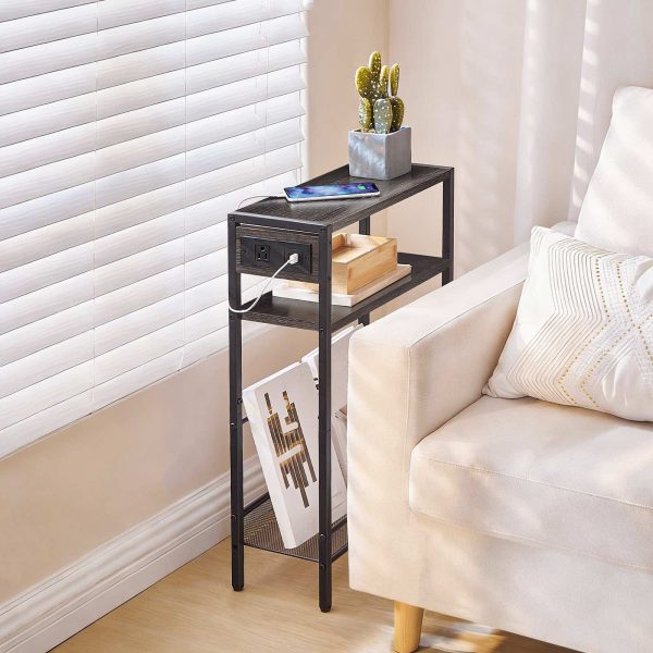 HOOBRO Small Narrow Side Table with Charging Station, Skinny End Table for Small Spaces, Slim Nightstand with USB Ports Outlet, Sofa Beside Table with Storage Shelf,Black and Charcoal Black BC102UBZ01