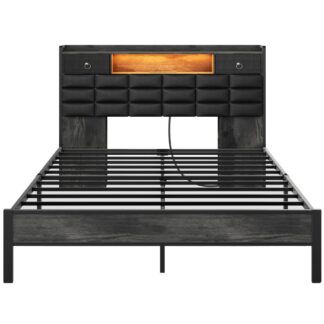 Holzkohleschwarzer Queen -Bettrahmen, Bettenrahmen mit Bücherregal -Speicher -Kopfteil und Ladestation, LED-Bettrahmen mit gepolstertem Kopfteil und 2-stufigen Regalen, Robuster Metallrahmen