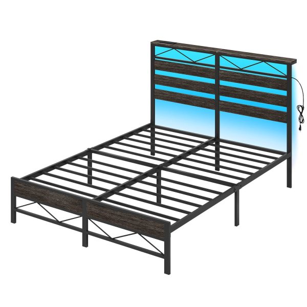 Full Size Bed Frame with Headboard, LED-Integrated Design with Storage Headboard and Charging Station (2 Outlets + 2 USB Ports), Charcoal Black Metal Bed Frame