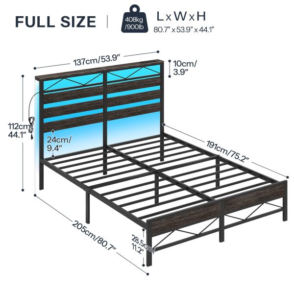 Full Size Bed Frame with Headboard, LED-Integrated Design with Storage Headboard and Charging Station (2 Outlets + 2 USB Ports), Charcoal Black Metal Bed Frame