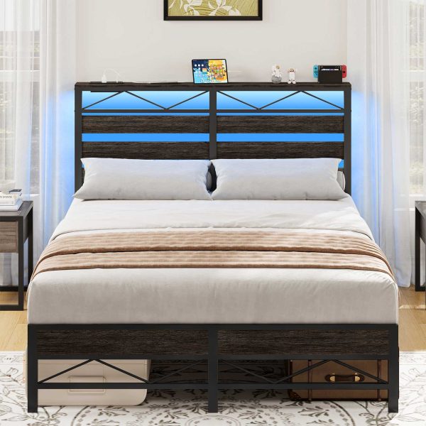 Full Size Bed Frame with Headboard, LED-Integrated Design with Storage Headboard and Charging Station (2 Outlets + 2 USB Ports), Charcoal Black Metal Bed Frame