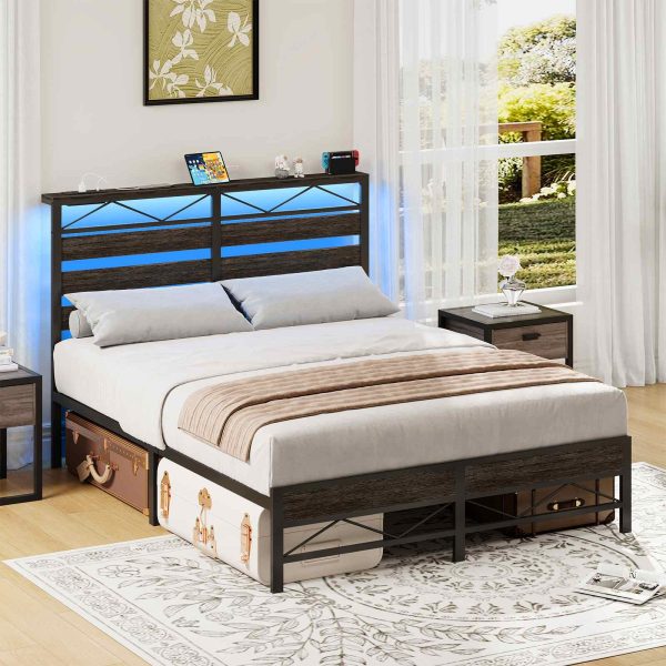 Full Size Bed Frame with Headboard, LED-Integrated Design with Storage Headboard and Charging Station (2 Outlets + 2 USB Ports), Charcoal Black Metal Bed Frame