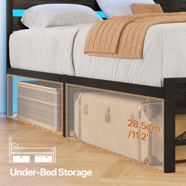 Full Size Bed Frame with Headboard, LED-Integrated Design with Storage Headboard and Charging Station (2 Outlets + 2 USB Ports), Charcoal Black Metal Bed Frame