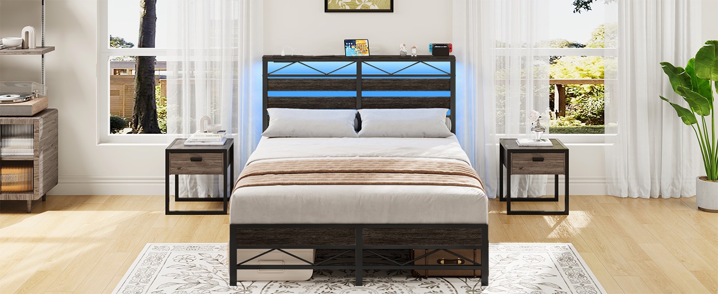 Full Size Bed Frame with Headboard, LED-Integrated Design with Storage Headboard and Charging Station (2 Outlets + 2 USB Ports), Charcoal Black Metal Bed Frame