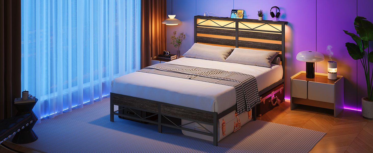 Full Size Bed Frame with Headboard, LED-Integrated Design with Storage Headboard and Charging Station (2 Outlets + 2 USB Ports), Charcoal Black Metal Bed Frame