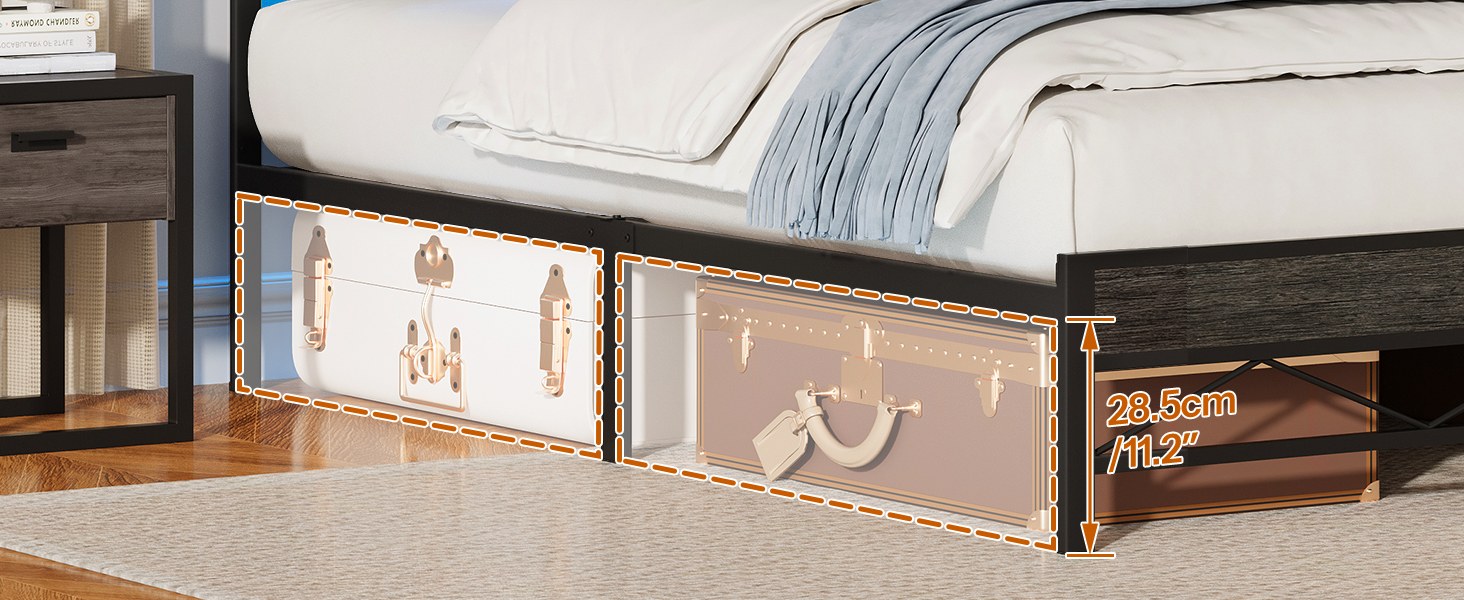 Full Size Bed Frame with Headboard, LED-Integrated Design with Storage Headboard and Charging Station (2 Outlets + 2 USB Ports), Charcoal Black Metal Bed Frame