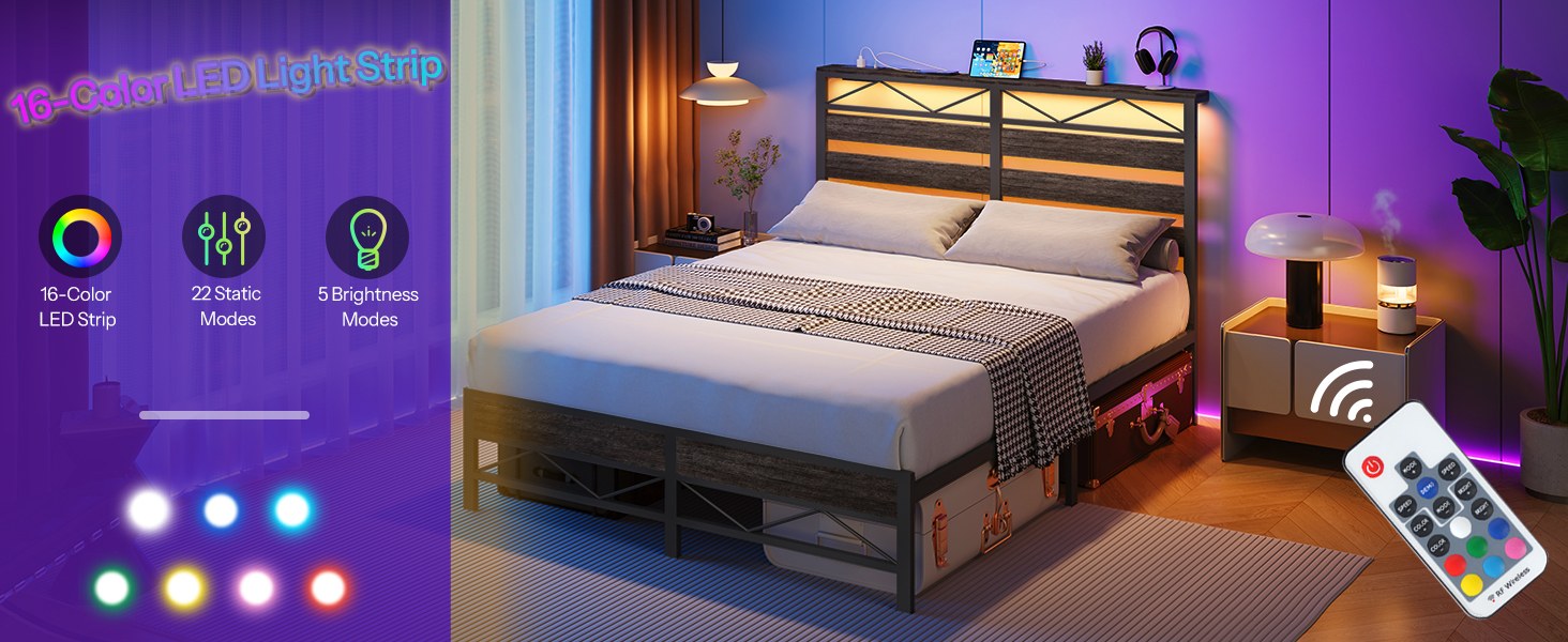 Full Size Bed Frame with Headboard, LED-Integrated Design with Storage Headboard and Charging Station (2 Outlets + 2 USB Ports), Charcoal Black Metal Bed Frame