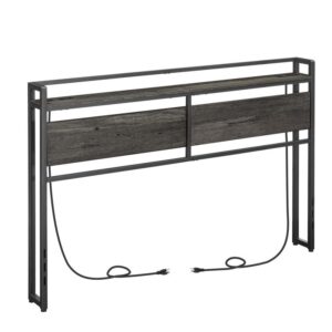 queen size headboard, headboard with 2 outlets and 4 usb ports, adjustable height, storage rack, sturdy and stable, easy assembly, charcoal gray and black