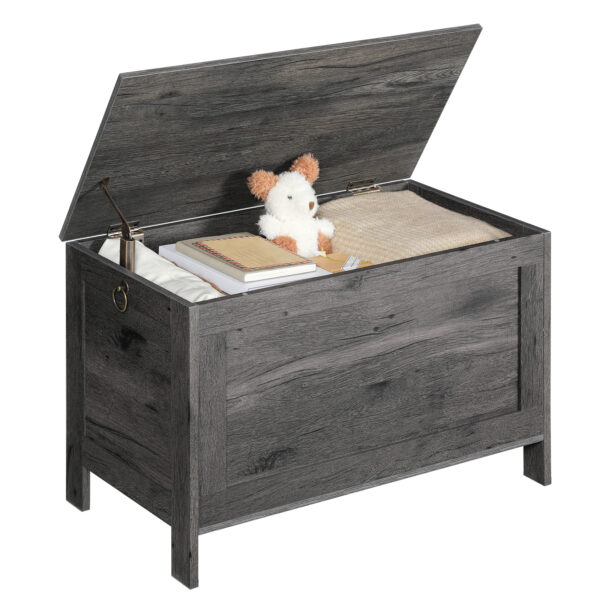 HOOBRO Toy Box, Retro Holz Look Späicherkëscht mat Sécherheetsscharnier, Entréeway Späicherbank ënnerstëtzt 220 lb, 29.9 x 15.7 x 18.9 Zoll Toy Këscht Organizer, Einfach Assemblée, Ganz charkalen Schwaarz