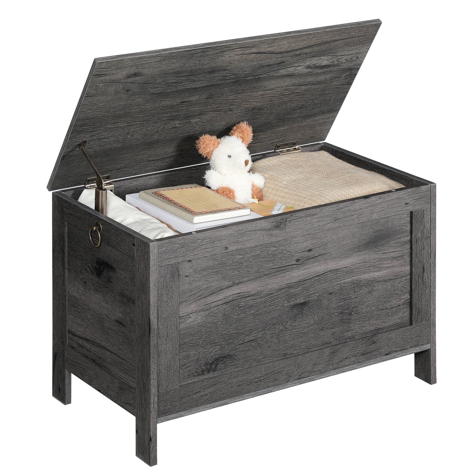 HOOBRO Toy Box, Retro Holz Look Späicherkëscht mat Sécherheetsscharnier, Entréeway Späicherbank ënnerstëtzt 220 lb, 29.9 x 15.7 x 18.9 Zoll Toy Këscht Organizer, Einfach Assemblée, Ganz charkalen Schwaarz