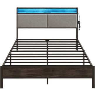 إطار سرير مقاس كوين, سرير كامل مع محطة شحن وشريط إضاءة LED, لوح رأسي منجد مع أرفف تخزين, منافذ ومنافذ USB, دعم معدني قوي, لغرفة النوم, الرمادي الفحمي