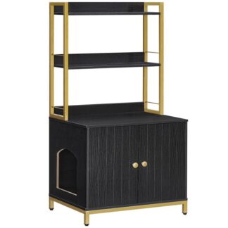 Mustan ja kultaisen roskakorin kotelo hyllyillä, Puiset kissan roskakorit huonekalut, Suuri piilotettu roskarasia, jossa on ovet, Säilytyskaappi