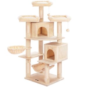 tall modern cat tree, multi-level cat activity tree with 2 plush condos,sisal scratching posts, hammock, basket for large cat, stable cat tower with anti-toppling kit, beige