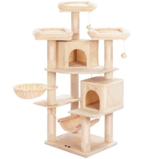 hoher moderner Katzenbaum, Multi-Level-Katzenaktivitätsbaum mit 2 Plüsch -Eigentumswohnungen,Sisal -Kratzerposten, Hängematte, Korb für große Katze, Stabiler Katzenturm mit Anti-topping-Kit, Beige